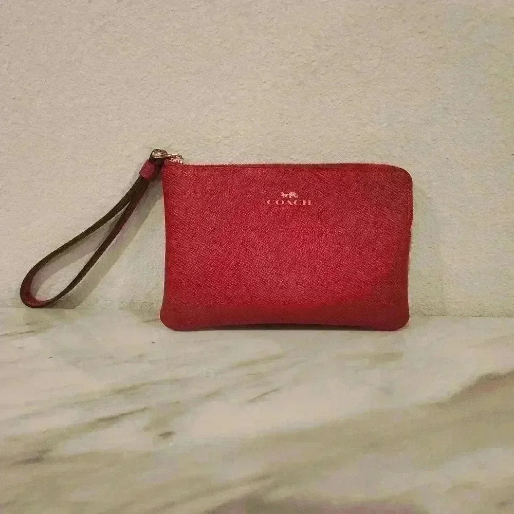 Coach Logo Red Corner Zip Wristlet with Gold Hardware